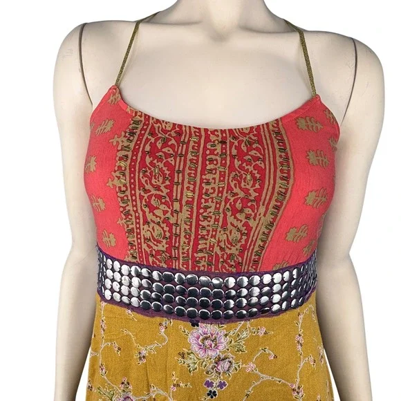 Free People Vintage Y2K Yellow Multi-Color Floral Beaded Mini Dress Juniors 10 Free People Vintage Y2K Yellow Multi-Color Floral Beaded Mini Dress Juniors 10